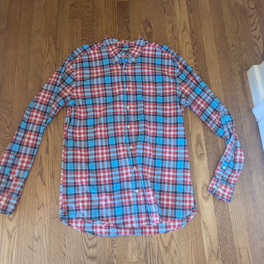 GAP Mens Plaid Red Blue White Slim Fit Long Sleeve Button-Down Shirt XL Preppy
